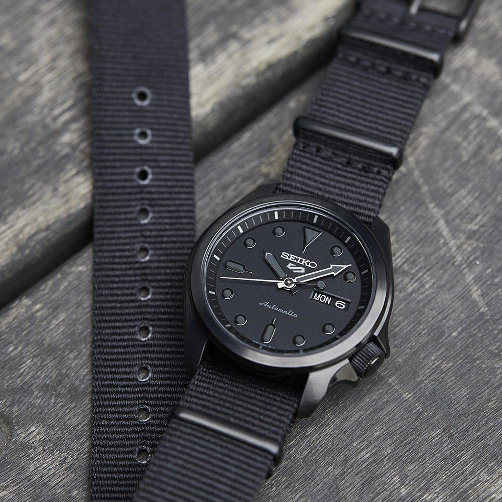Seiko 5 Sports Black Dial Black Nylon Strap Men's Watch