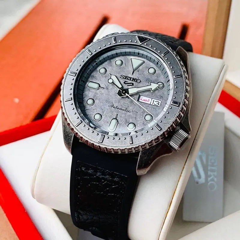 Seiko 5 Sports Silver Dial Black Leather Strap Men's Watch