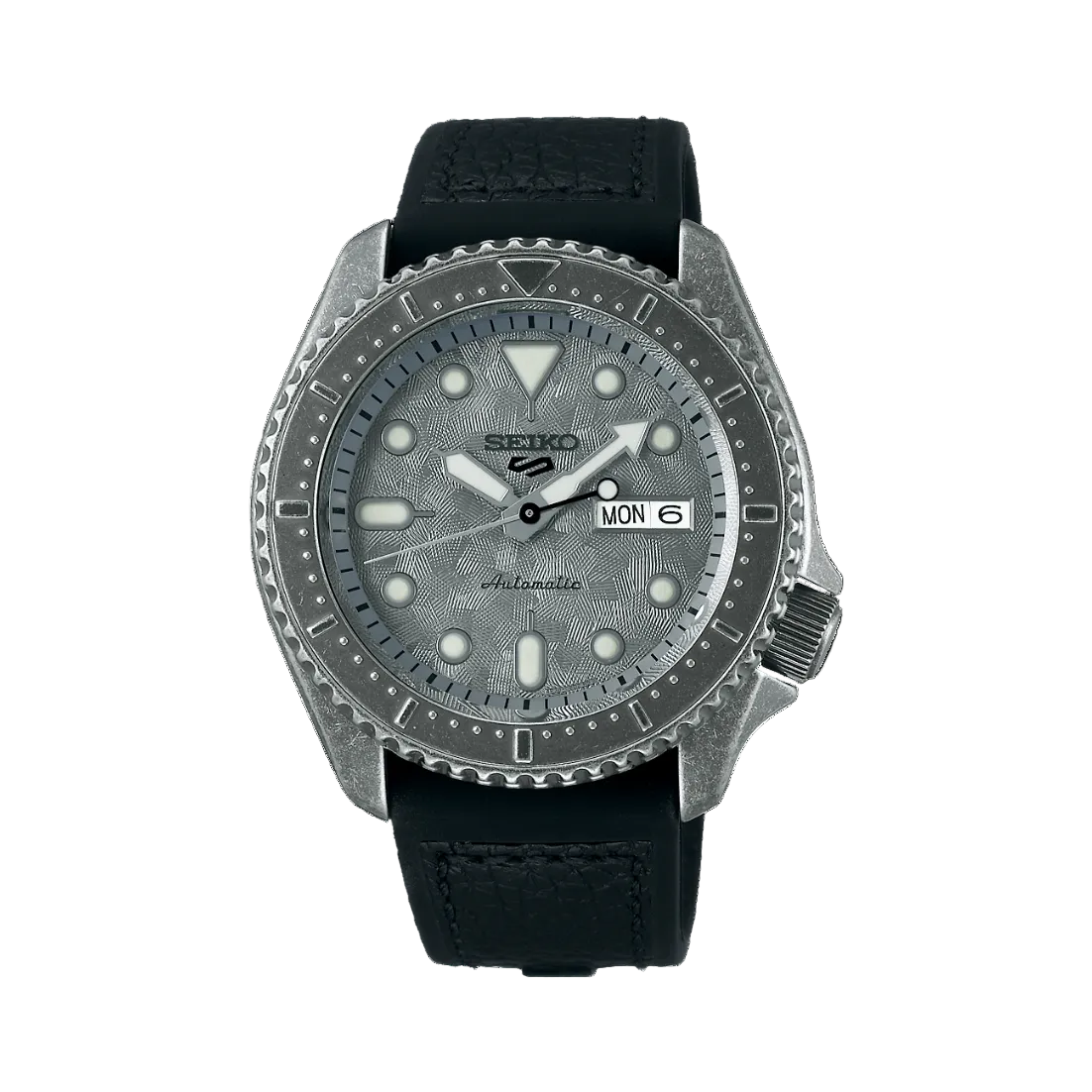 Seiko 5 Sports Silver Dial Black Leather Strap Men's Watch