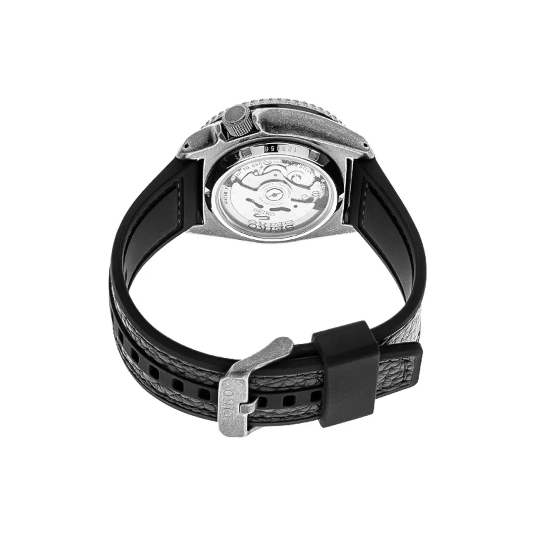 Seiko 5 Sports Silver Dial Black Leather Strap Men's Watch