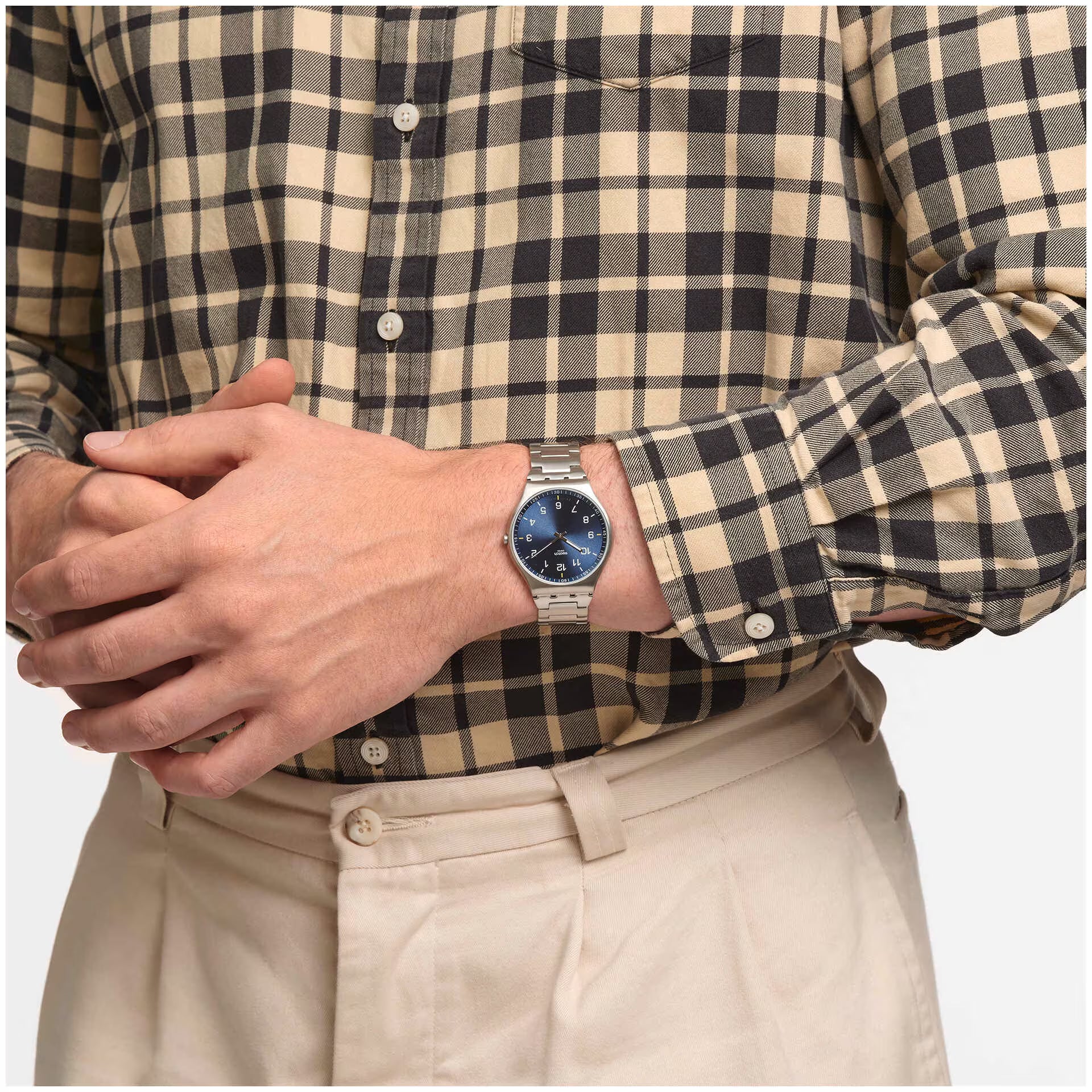 Swatch Men's Analog Watch – Blue Dial & Silver Stainless Steel Bracelet