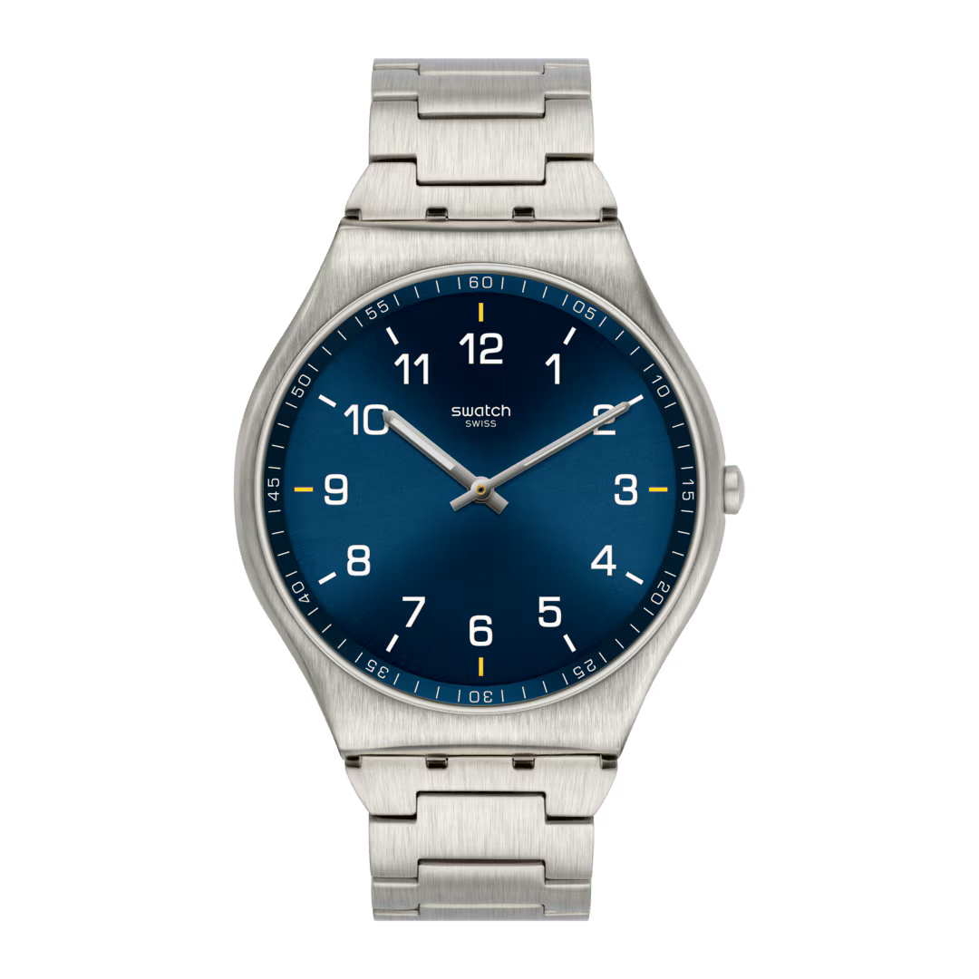 Swatch Men's Analog Watch – Blue Dial & Silver Stainless Steel Bracelet