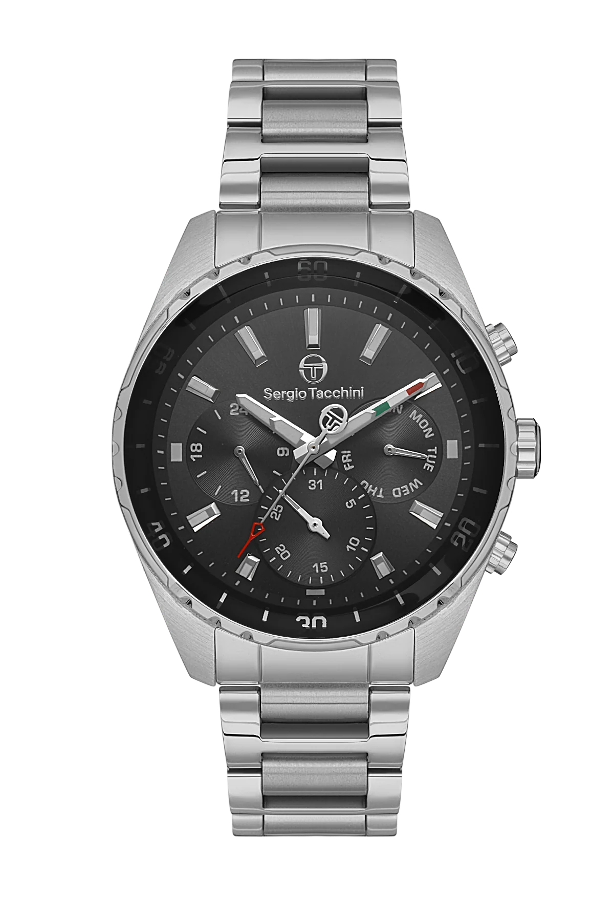 Sergio Tacchini Men's Chronograph Watch – Black Dial & Silver Stainless Steel Bracelet