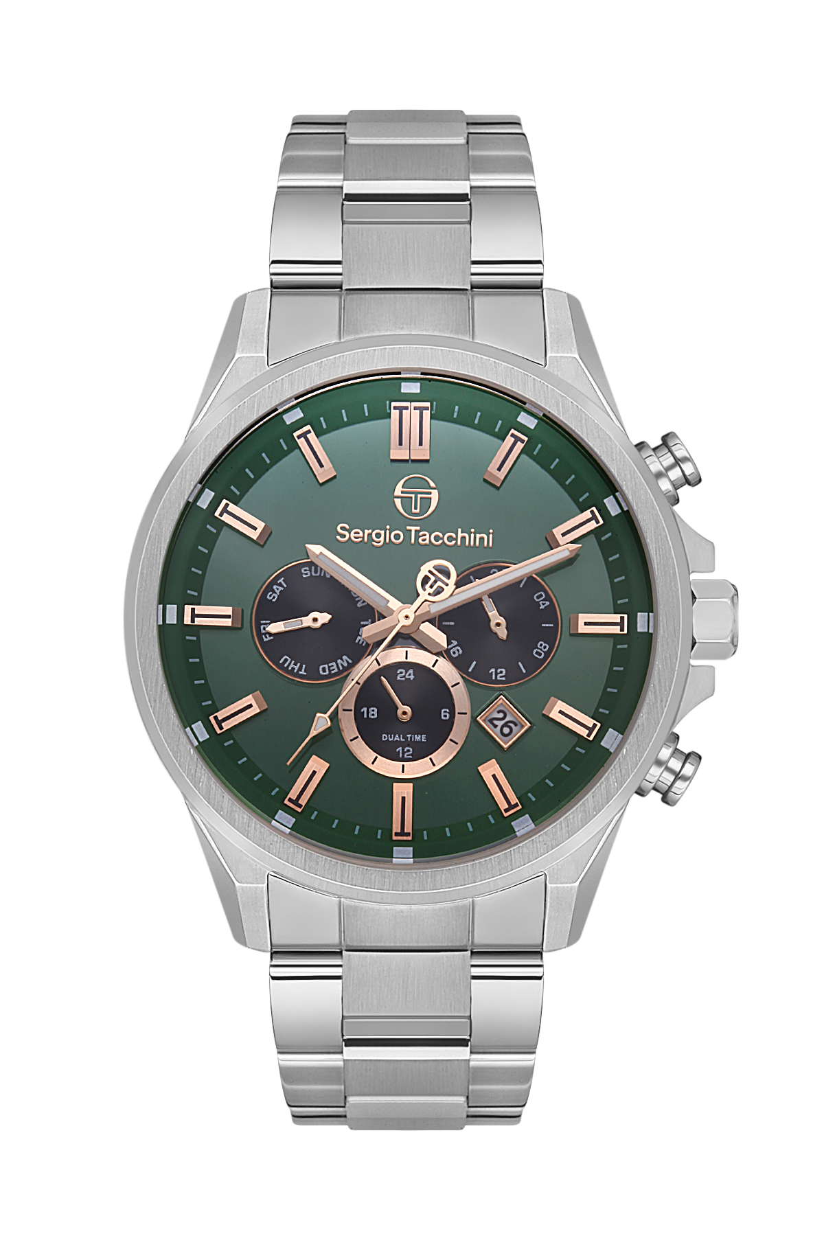 Sergio Tacchini Men's Chronograph Watch – Green Dial & Silver Stainless Steel Bracelet