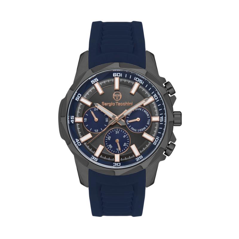 Sergio Tacchini Men's Chronograph Watch – Black Dial with Blue Silicone Strap