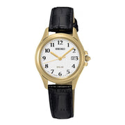 Seiko Solar White Dial Black Leather Women's Watch