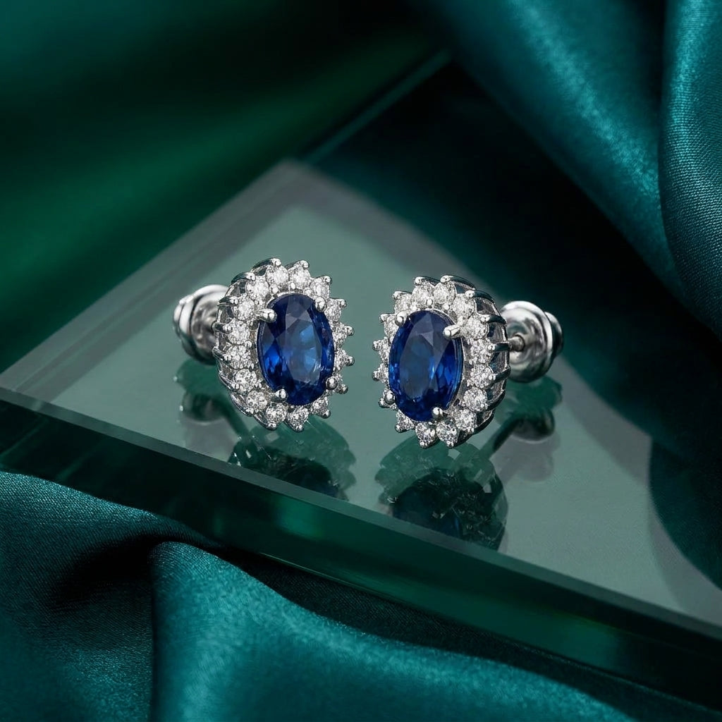 925 Silver Fully Studded Royal Blue Earrings
