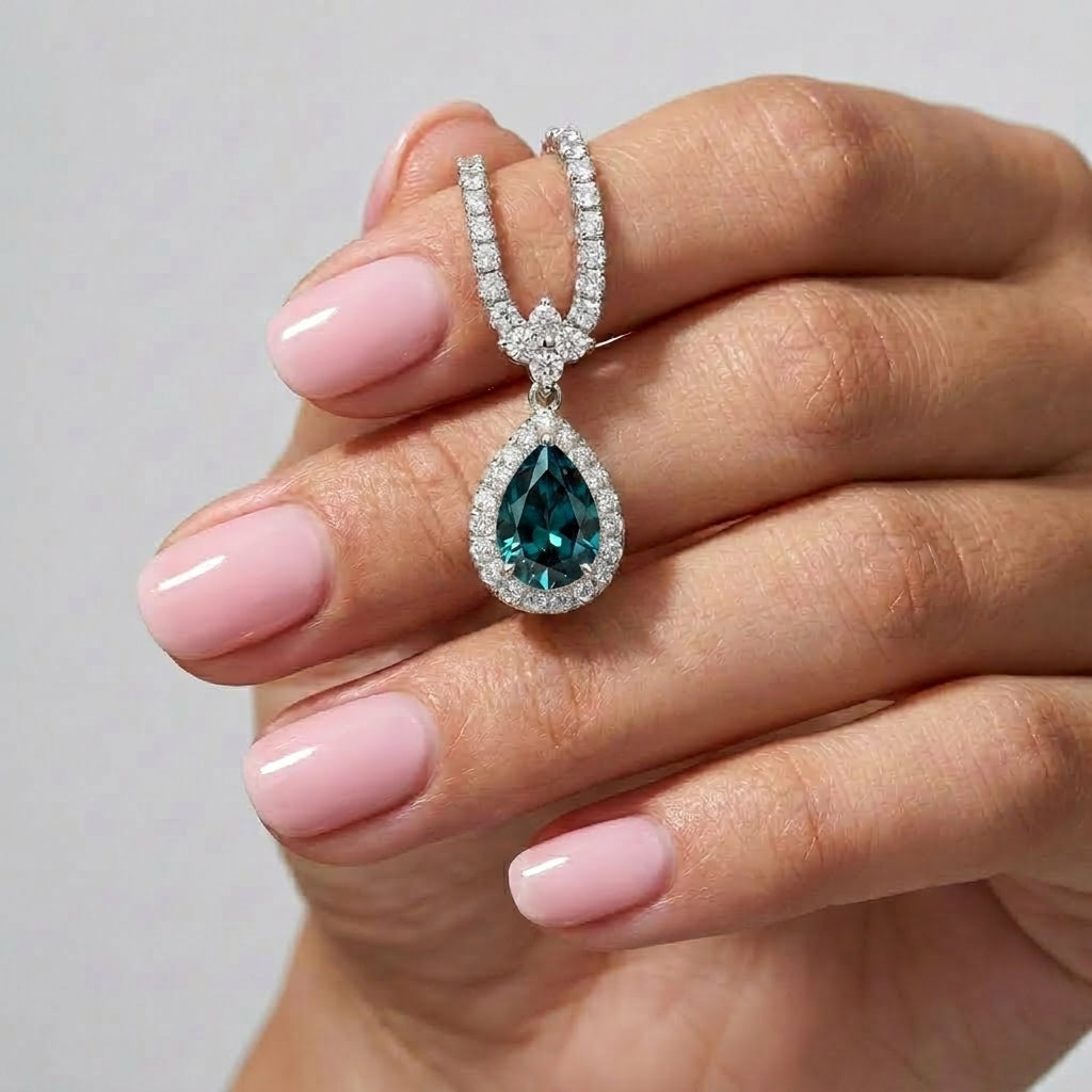 925 Silver Tennis Necklace with Blue Teardrop Pendant