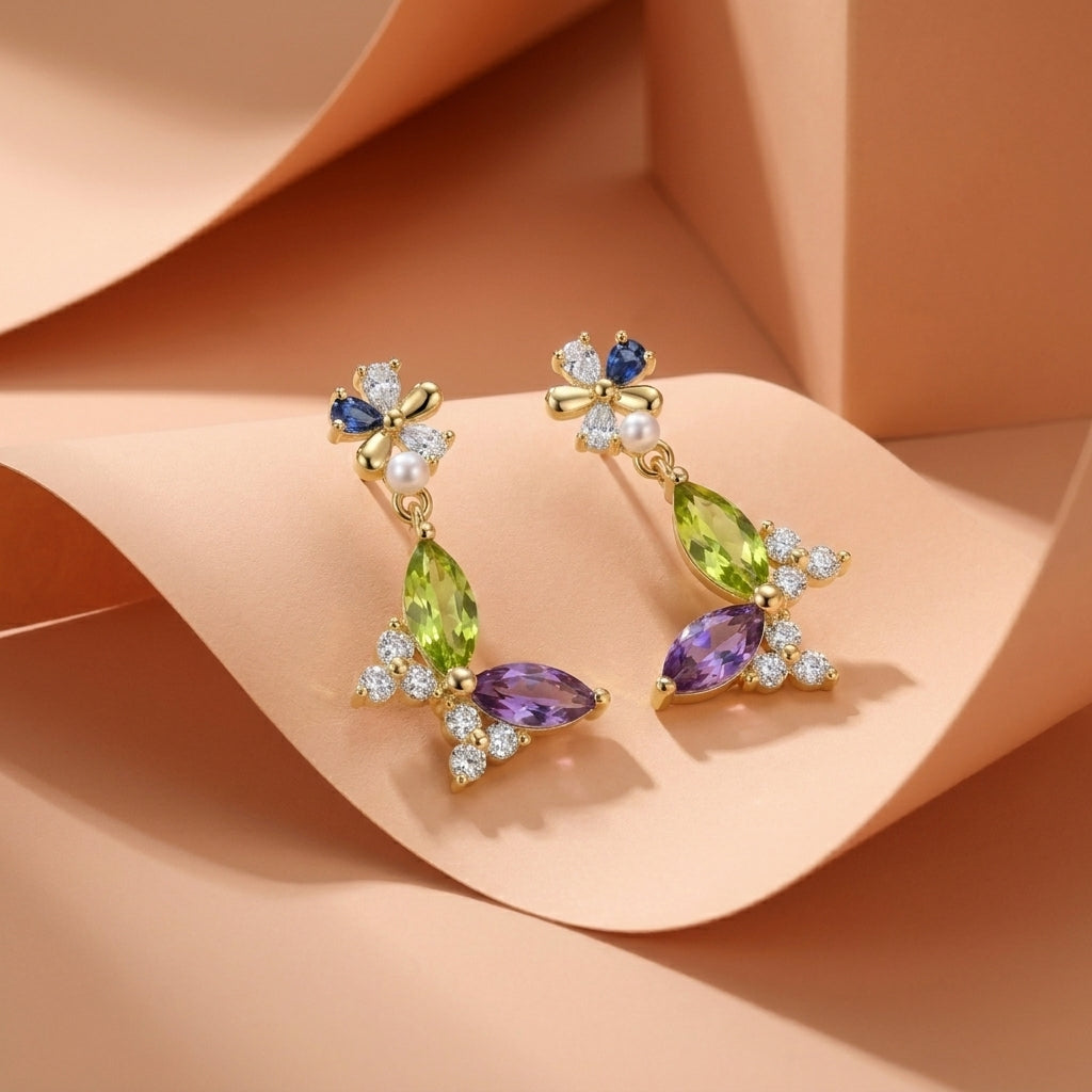 Colorful Butterfly Design 925 Silver Earrings - Gold Plated