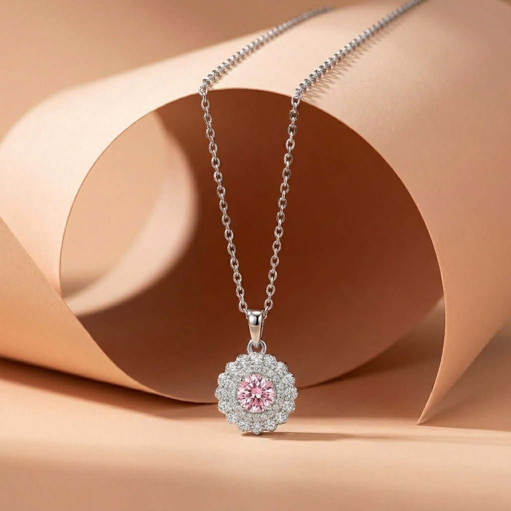 Pink Flower Necklace With Zircon 925 Silver