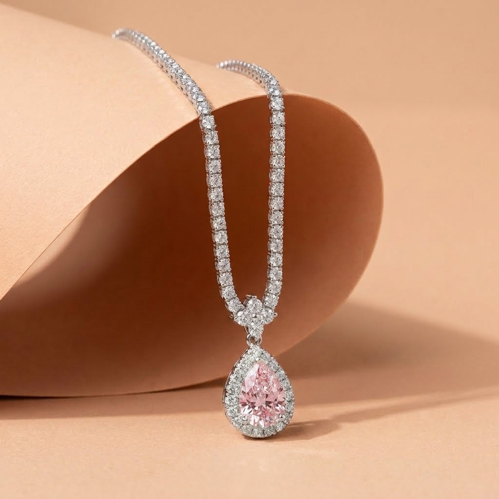 925 Silver Elegant Pink Teardrop Necklace