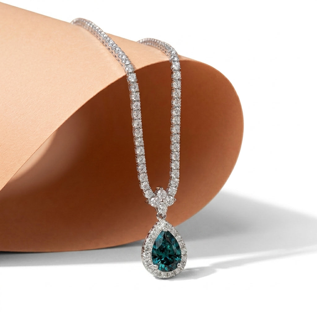 925 Silver Tennis Necklace with Blue Teardrop Pendant