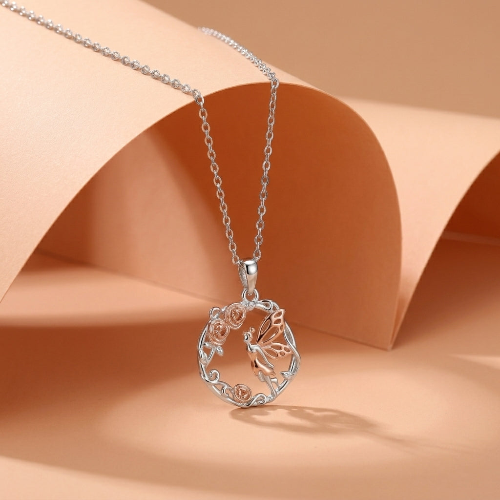 Elegant Flowers And Butterfly Necklace 925 Silver