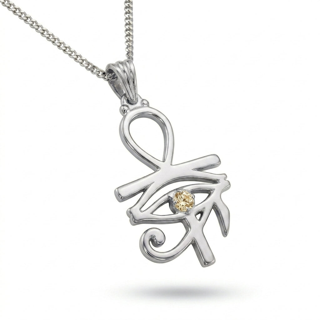 Pharaoh's Eye of Horus Silver Necklace with Gold Stone 925 Silver
