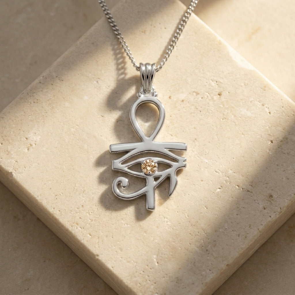 Pharaoh's Eye of Horus Silver Necklace with Gold Stone 925 Silver