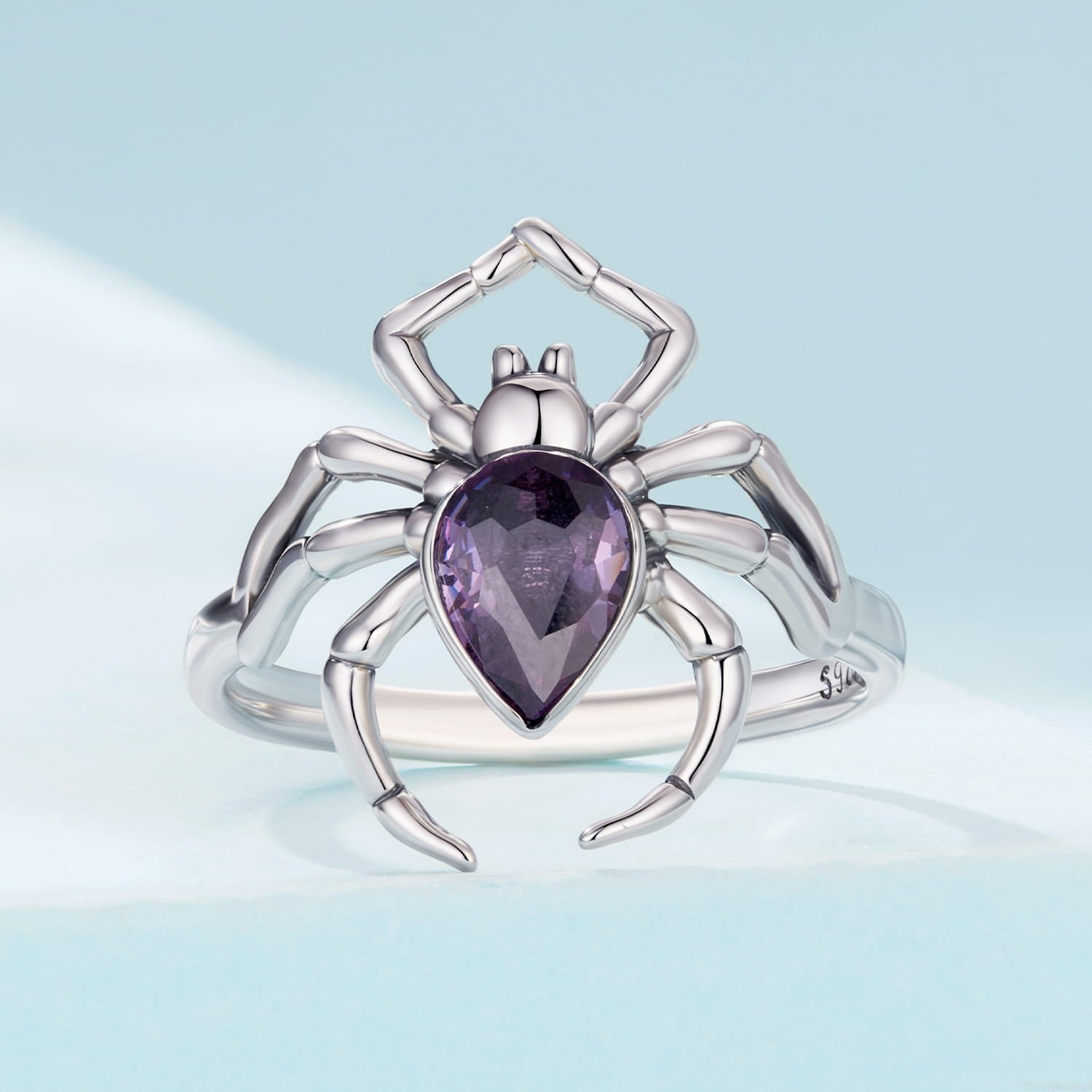 خاتم فضة 925 شكل عنكبوت بحجر قلب بنفسجي