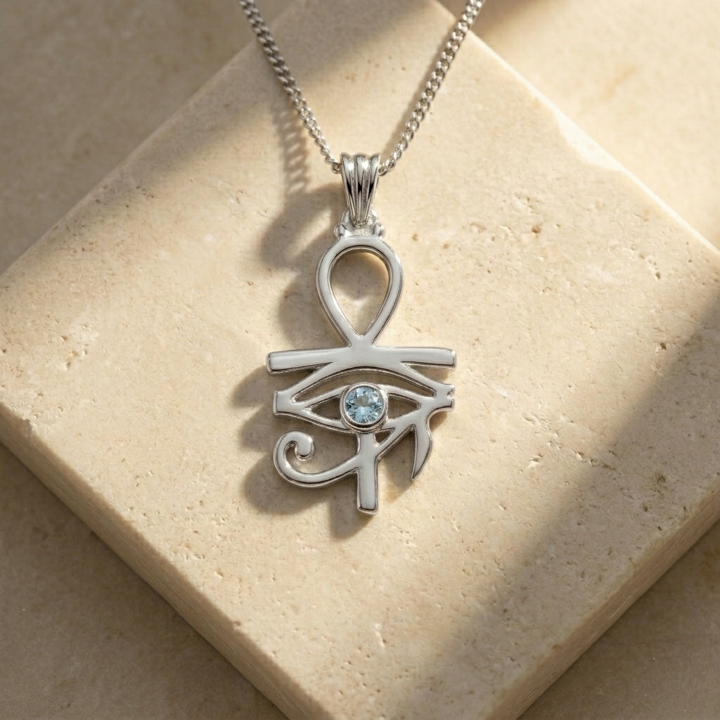 Pharaoh's Eye of Horus Silver Necklace with Sky Blue Stone 925 Silver