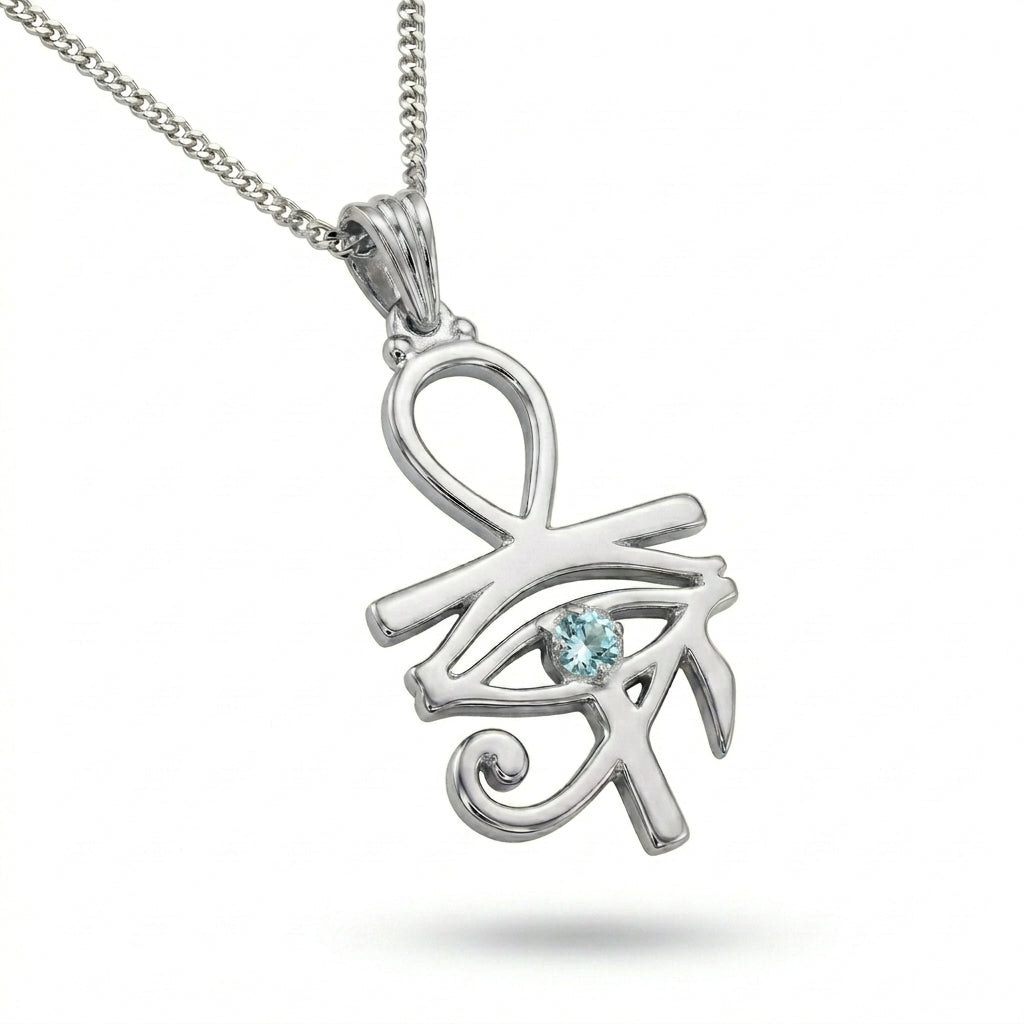 Pharaoh's Eye of Horus Silver Necklace with Sky Blue Stone 925 Silver