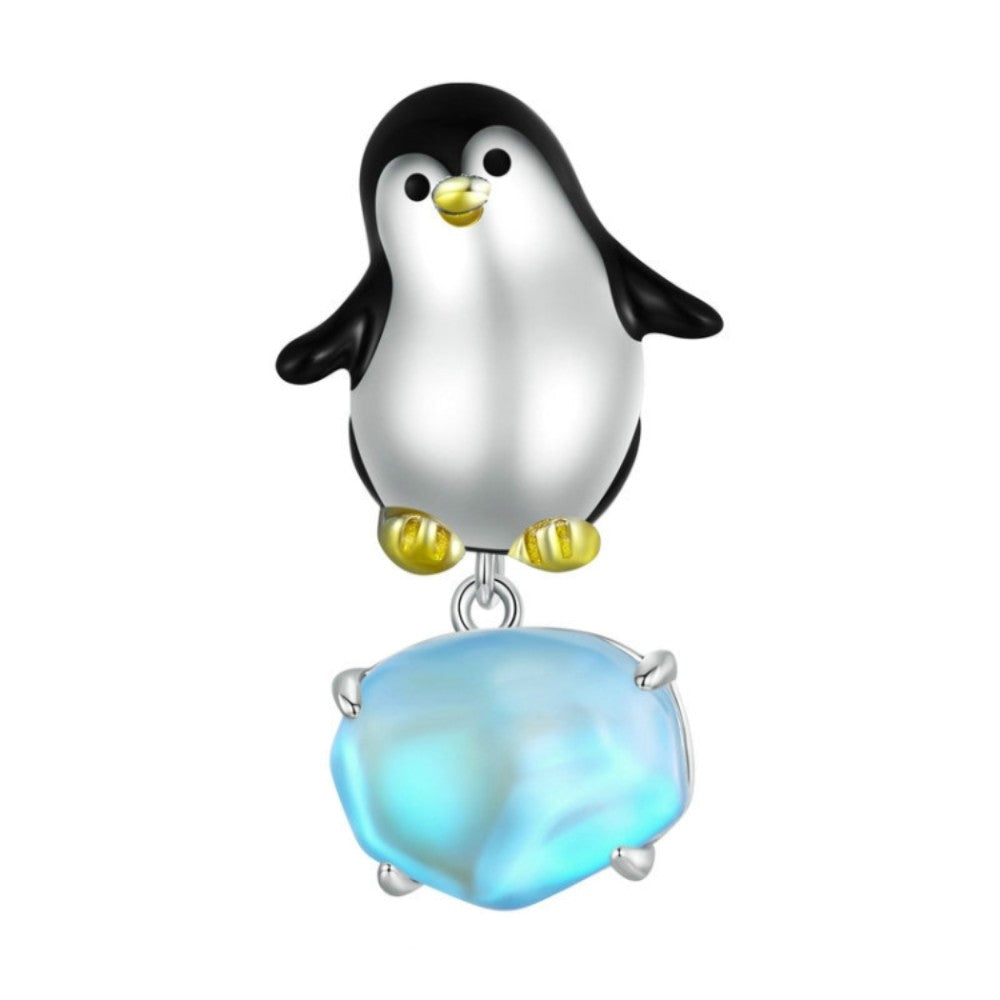 925 Sterling Silver Penguin Charm with Blue Crystal Bead