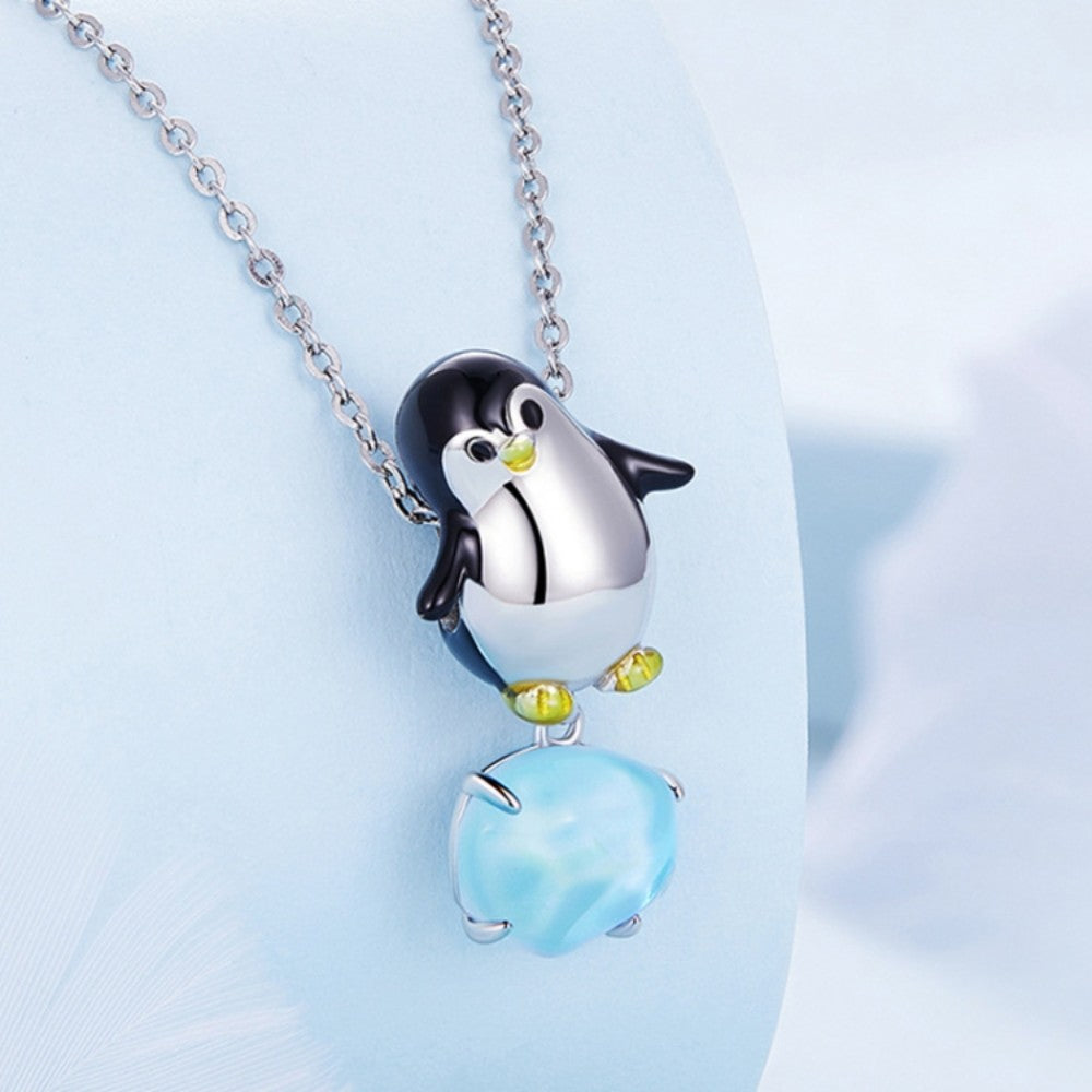 925 Sterling Silver Penguin Charm with Blue Crystal Bead