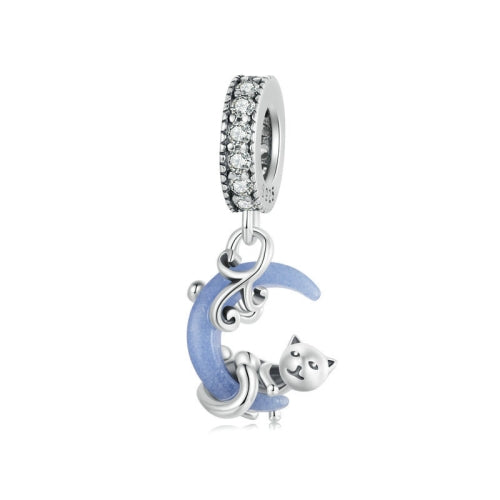 Cat on Crescent Moon 925 Silver Charm