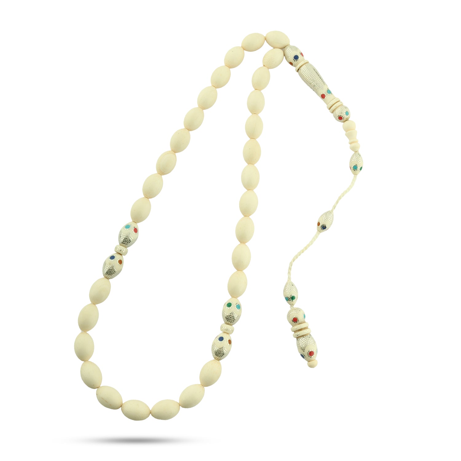 سبحة من العاج سن فيل بطقم فضة وأحجار فيروز وملاكيت ومرجان ولابيس وكهرمان – TROS01-50I