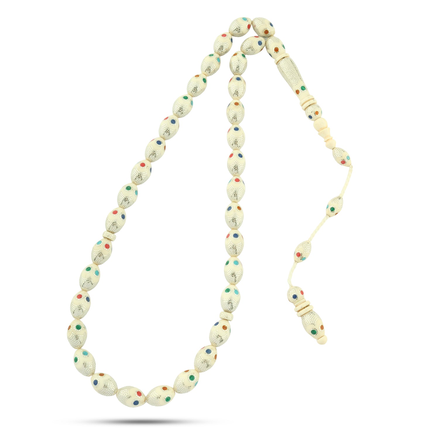 سبحة لوكس من العاج سن فيل طبيعي مطعمة فضة عيار 999 وأحجار فيروز وملاكيت ومرجان ولابيس وكهرمان - TROS01-60I