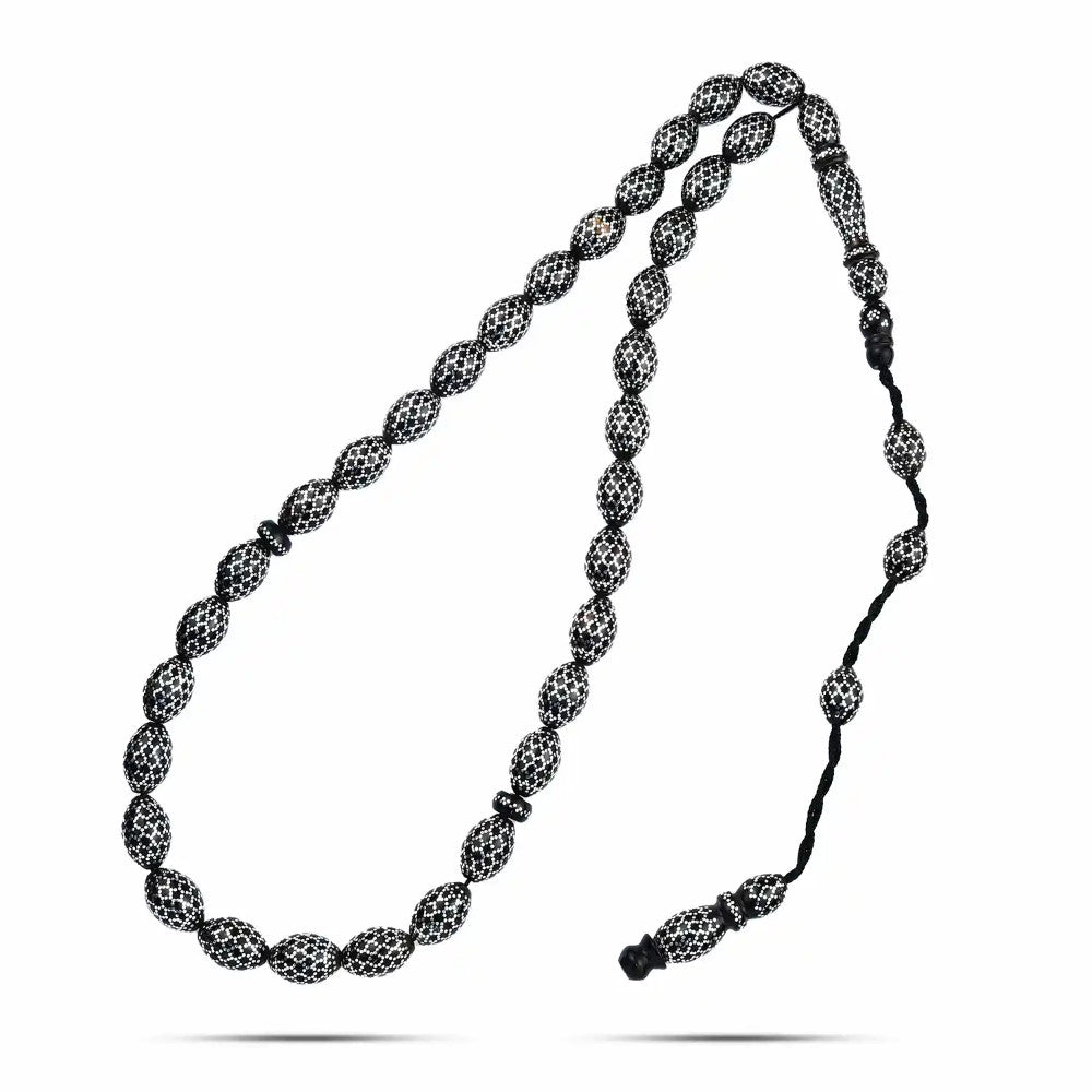 TROS01 - سبحه من اليسر الطبيعي مطعمة بالفضة , 33حبة