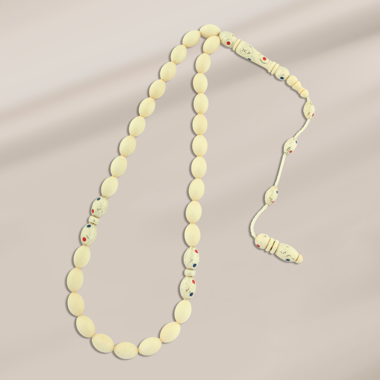 سبحة لوكس من العاج (سن فيل) طبيعي بطقم فضة عيار 999 وأحجار مرجان ولابيس – كود TROS02-48I