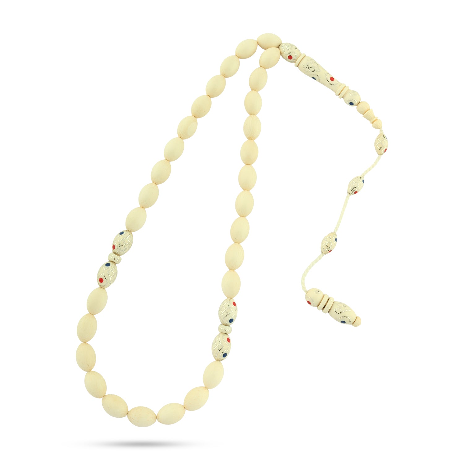 سبحة لوكس من العاج (سن فيل) طبيعي بطقم فضة عيار 999 وأحجار مرجان ولابيس – كود TROS02-48I