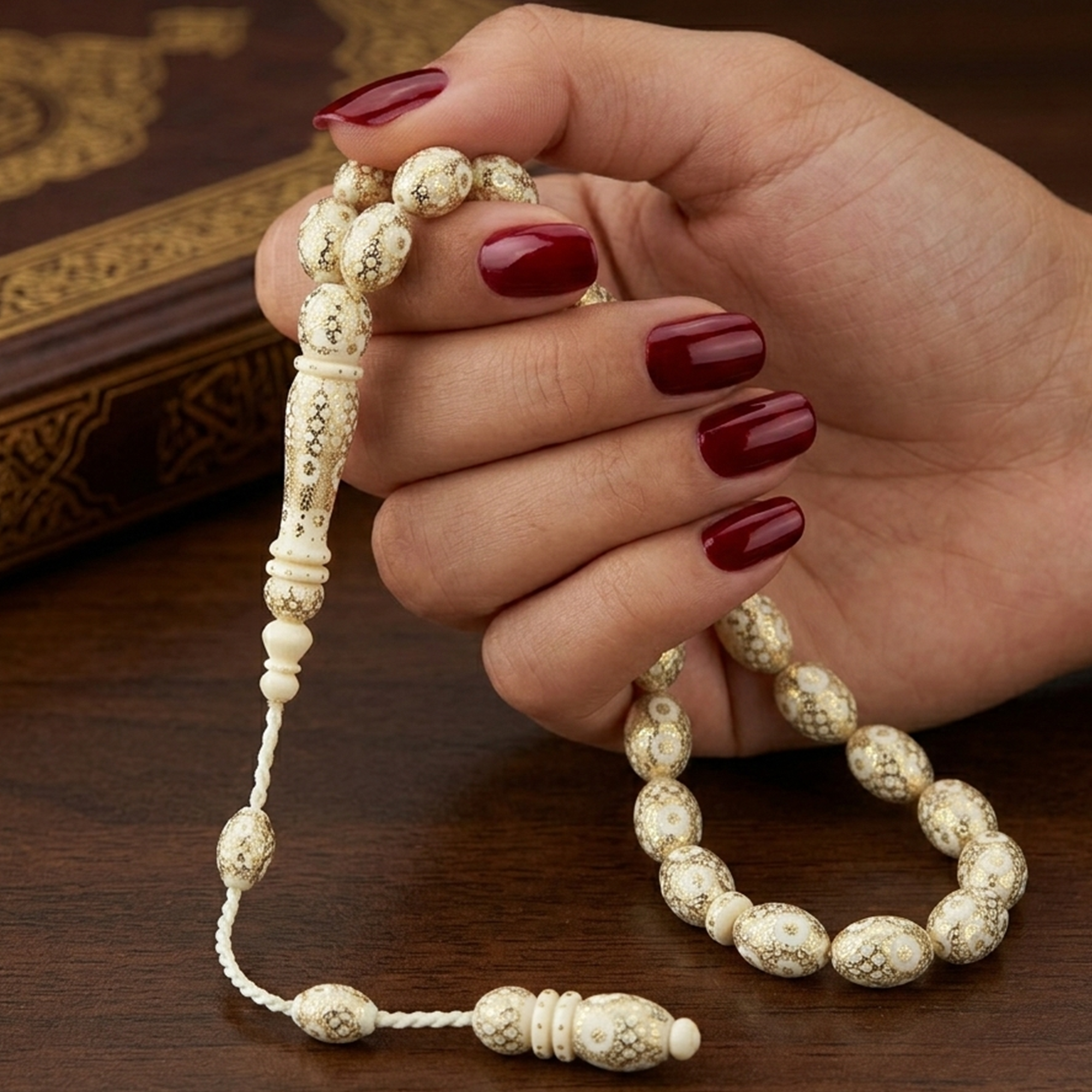 Royal Crescent & Star Natural Ivory Prayer Beads with 999 Silver – TROS03-60I