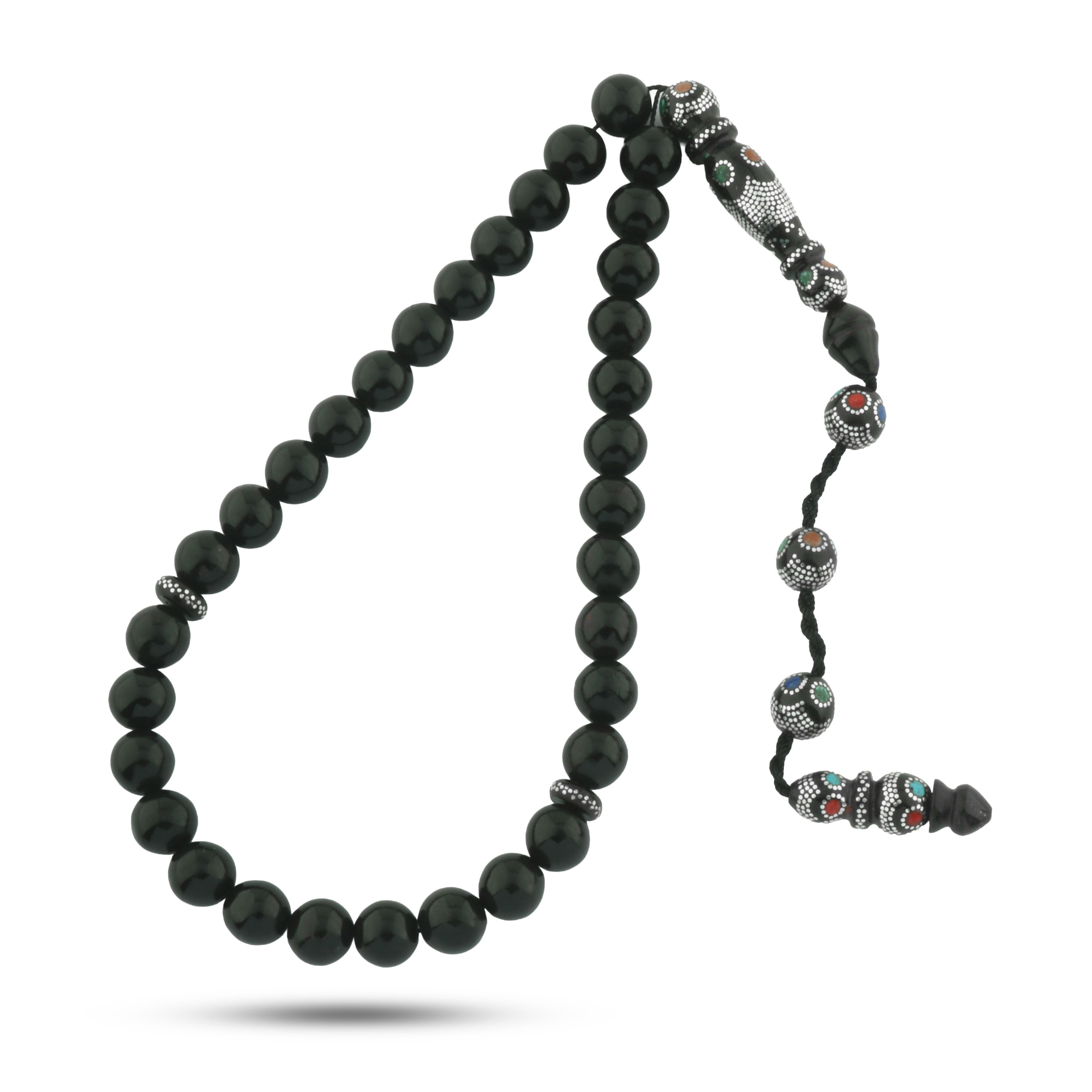 سبحة فاخرة من يسر البحر الأحمر مع الفيروز والكهرمان و ملاكيت مطعمه فضه عيار 999