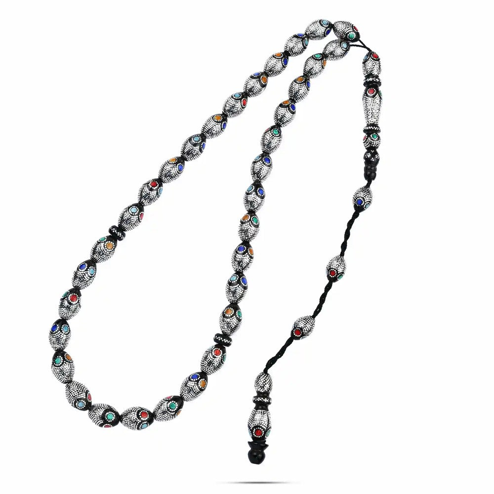 سبحة " درية " من اليسر الطبيعي مطعمة بالفضة والفيروز والكهرمان والمرجان والملاكيت , 33حبة