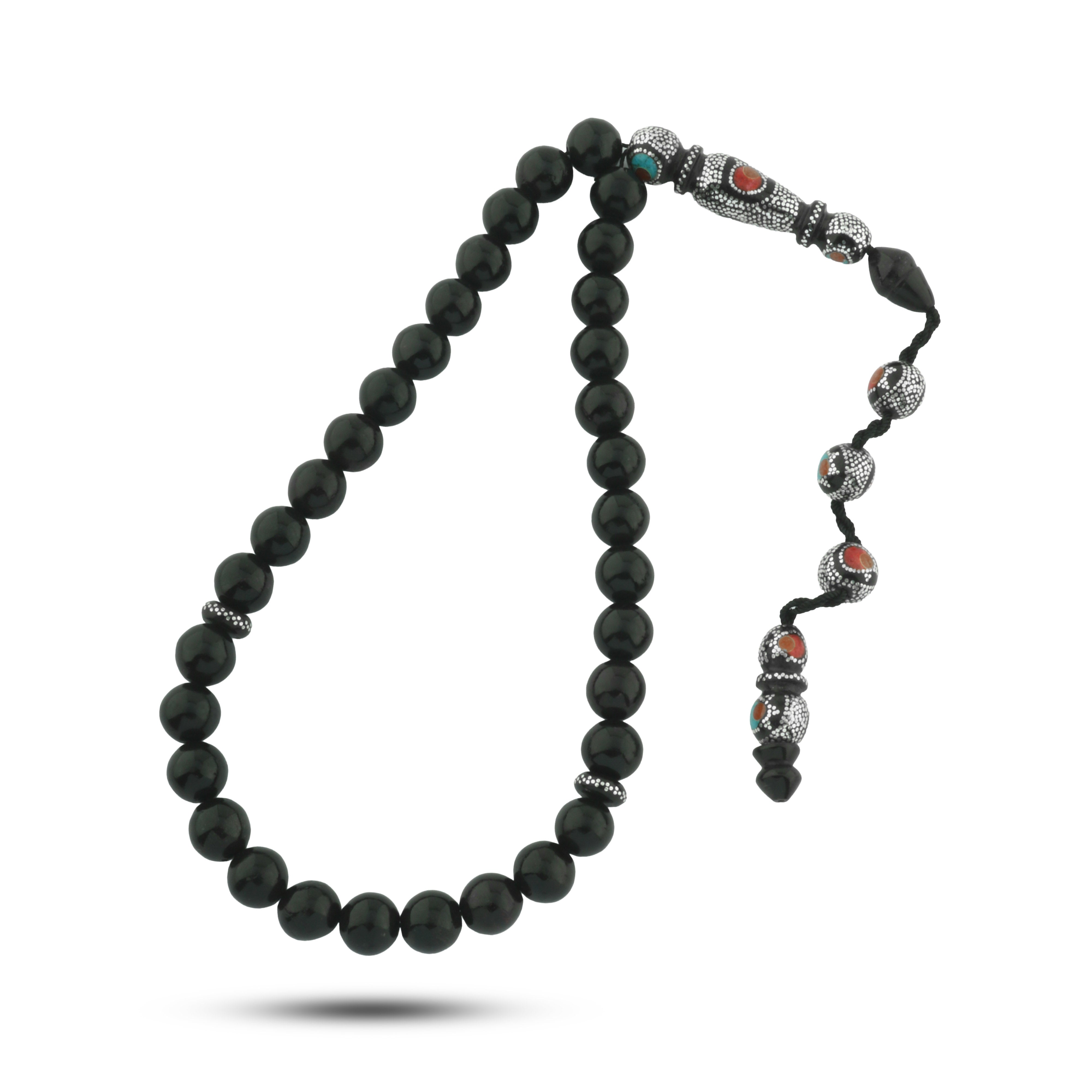 سبحة يسر طبيعي بحبات 10 مم مع الكهرمان والفيروز مطعمة فضه عيار 999