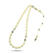 Lux Olive Natural Ivory (Elephant Tusk) Prayer Beads Inlaid with 999 Silver, Lapis & Amber TROS05-50I