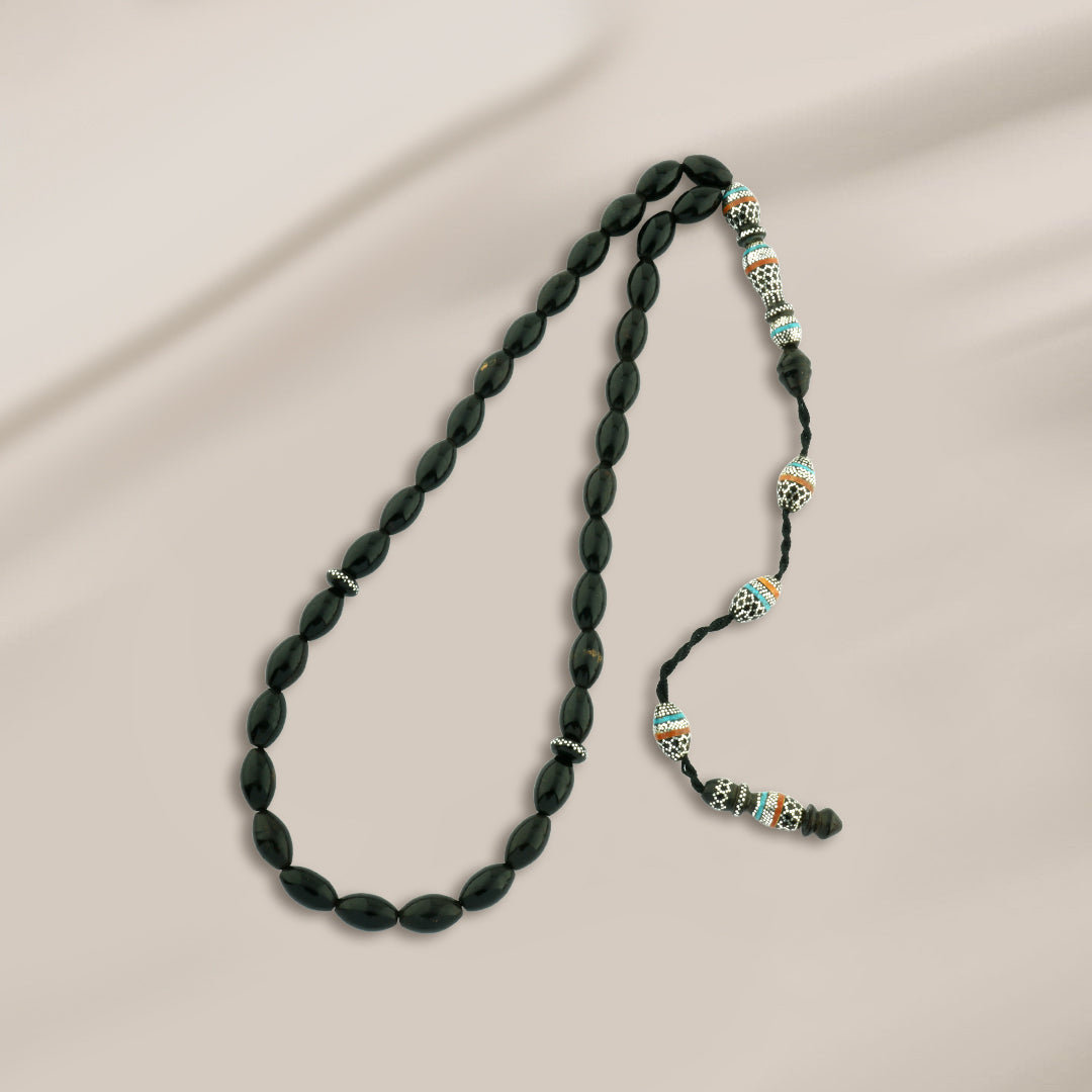 سبحة يسر البحر الأحمر مع الكهرمان والفيروز – مطعمه فضه عيار 999