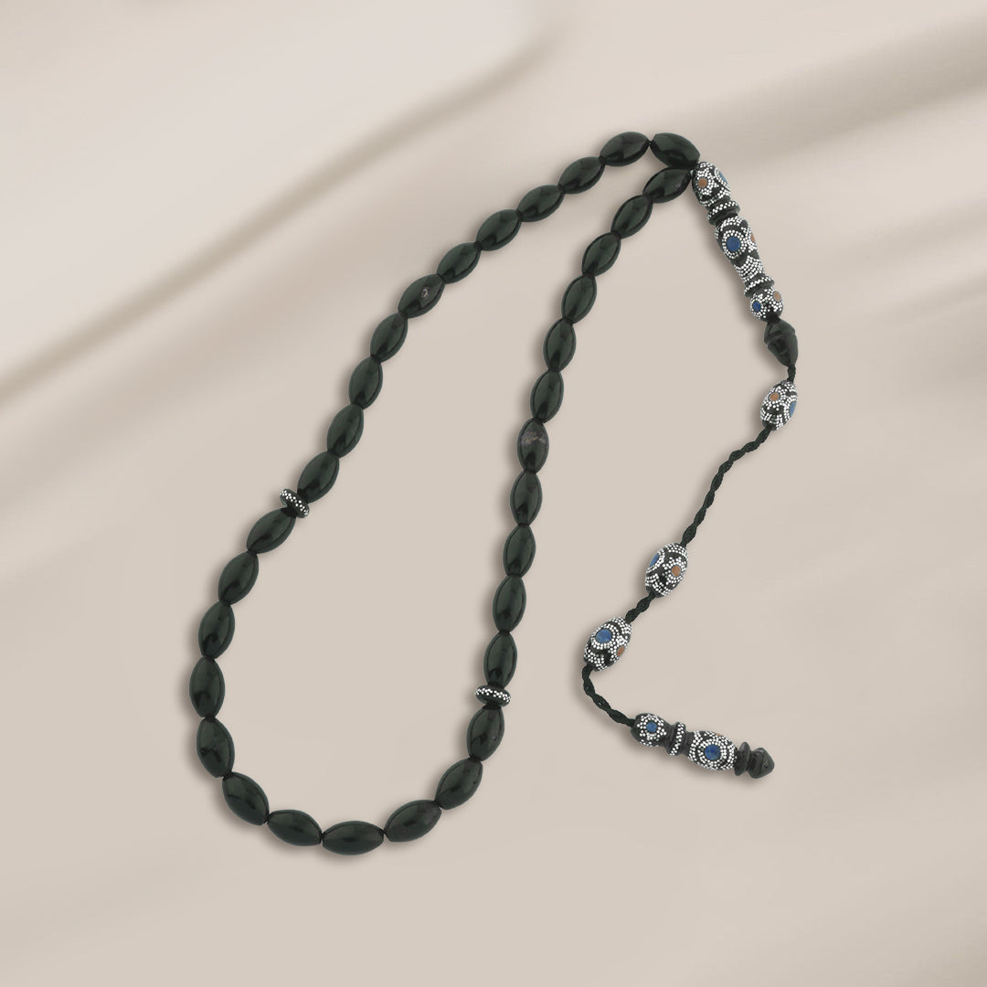 سبحة يسر البحر الأحمر مع الكهرمان والملاكيت والأبَس - مطعمه فضه عيار 999