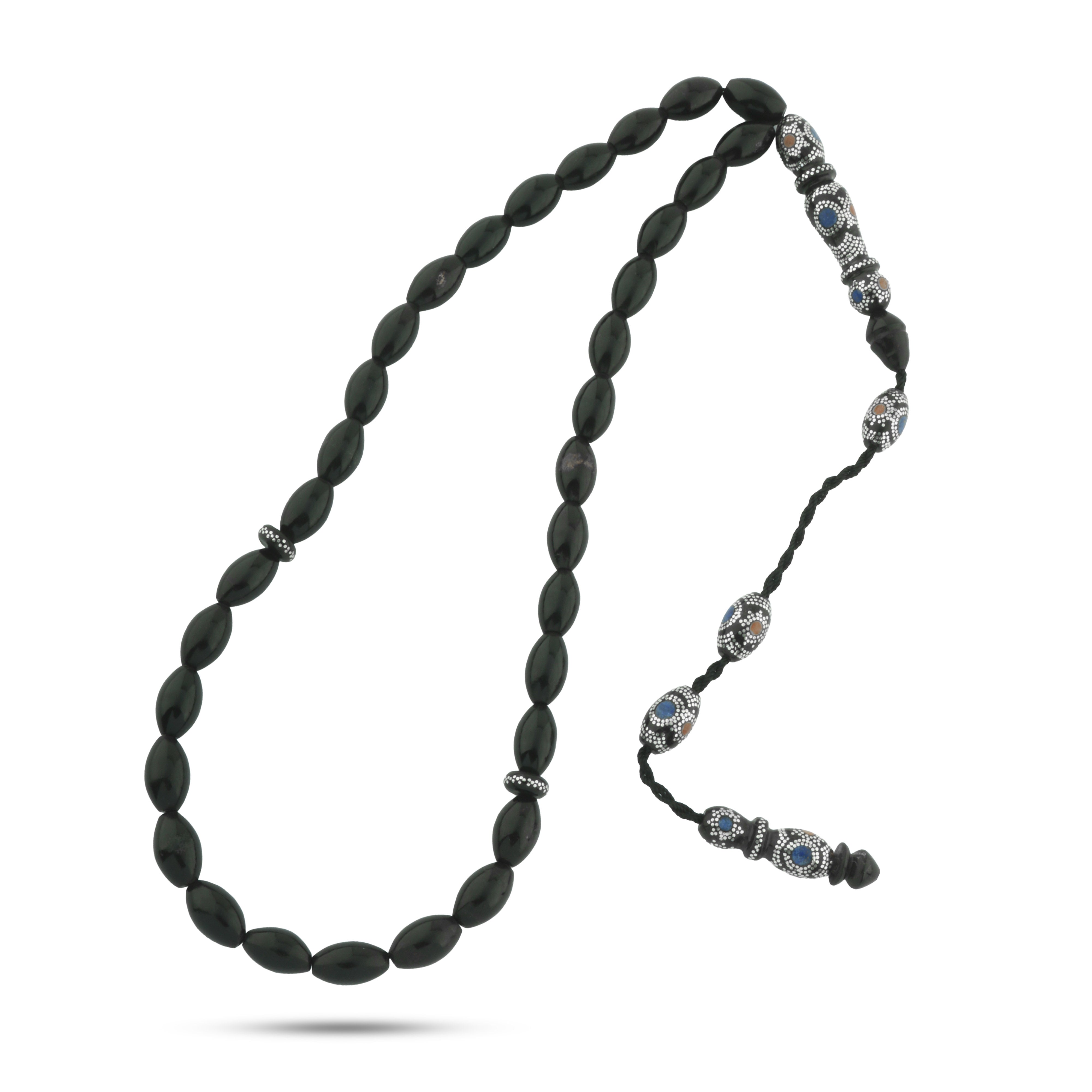 سبحة يسر البحر الأحمر مع الكهرمان والملاكيت والأبَس - مطعمه فضه عيار 999