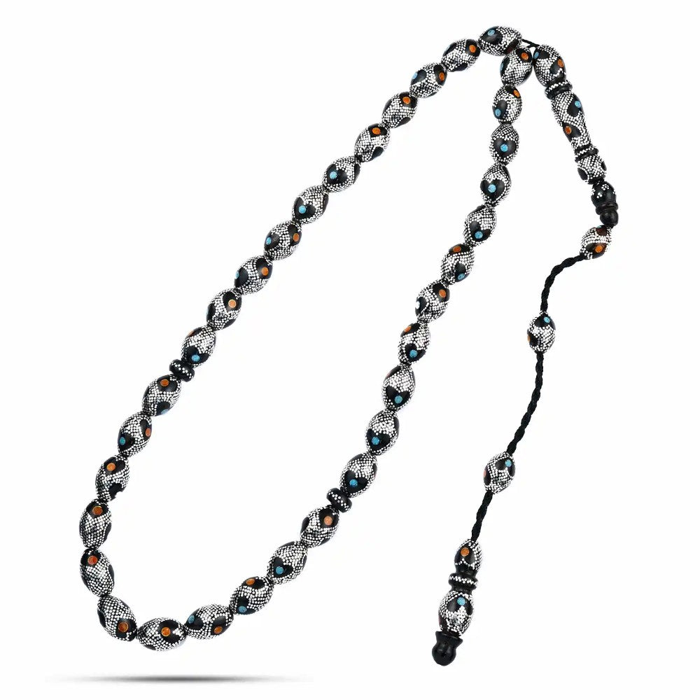 TROS10 - Natural coral rosary inlaid with silver, turquoise and amber, 33 beads