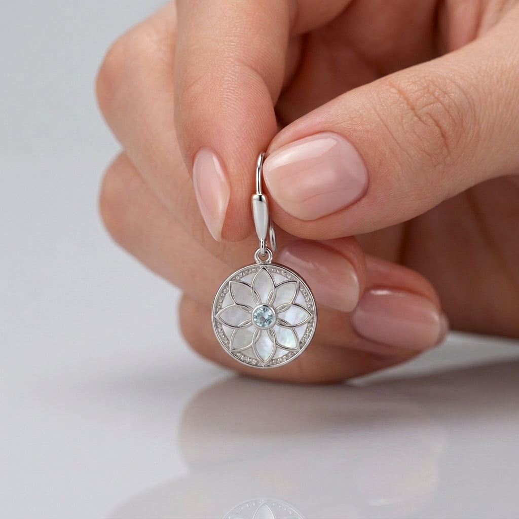 Flower Earrings with Mother of Pearl and Sky Blue Aquamarine Stone 925 Silver