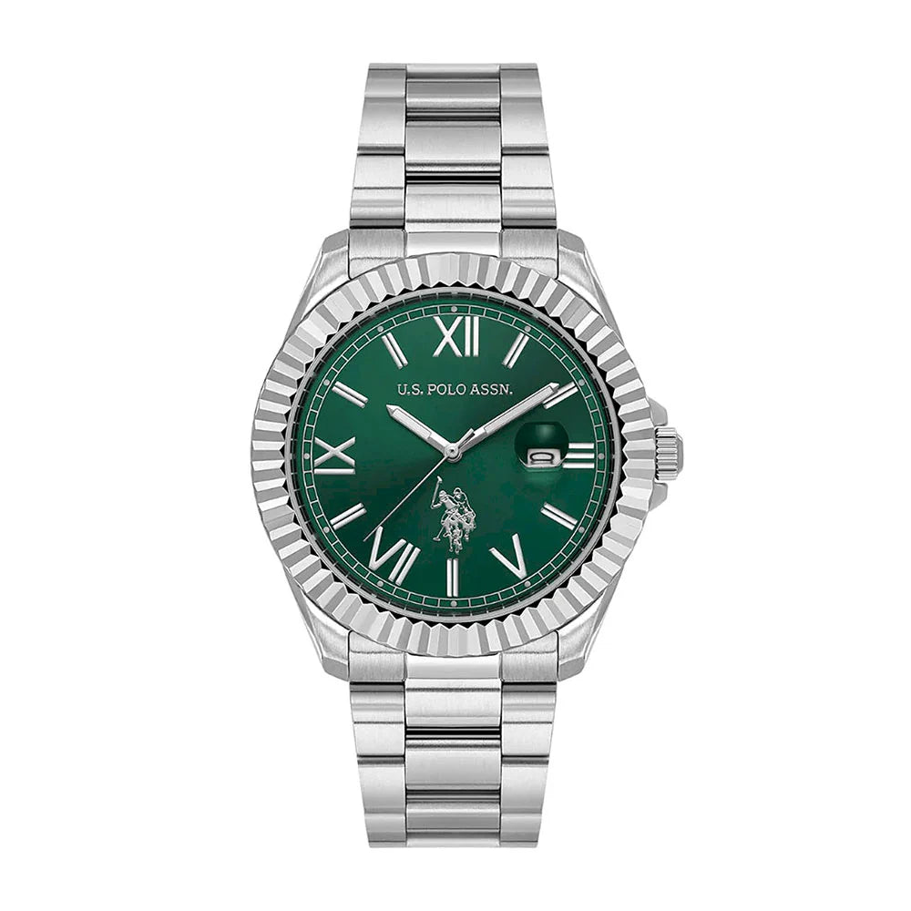 U.S. Polo Assn Men's Analog Watch – Green Dial & Silver Stainless Steel Bracelet