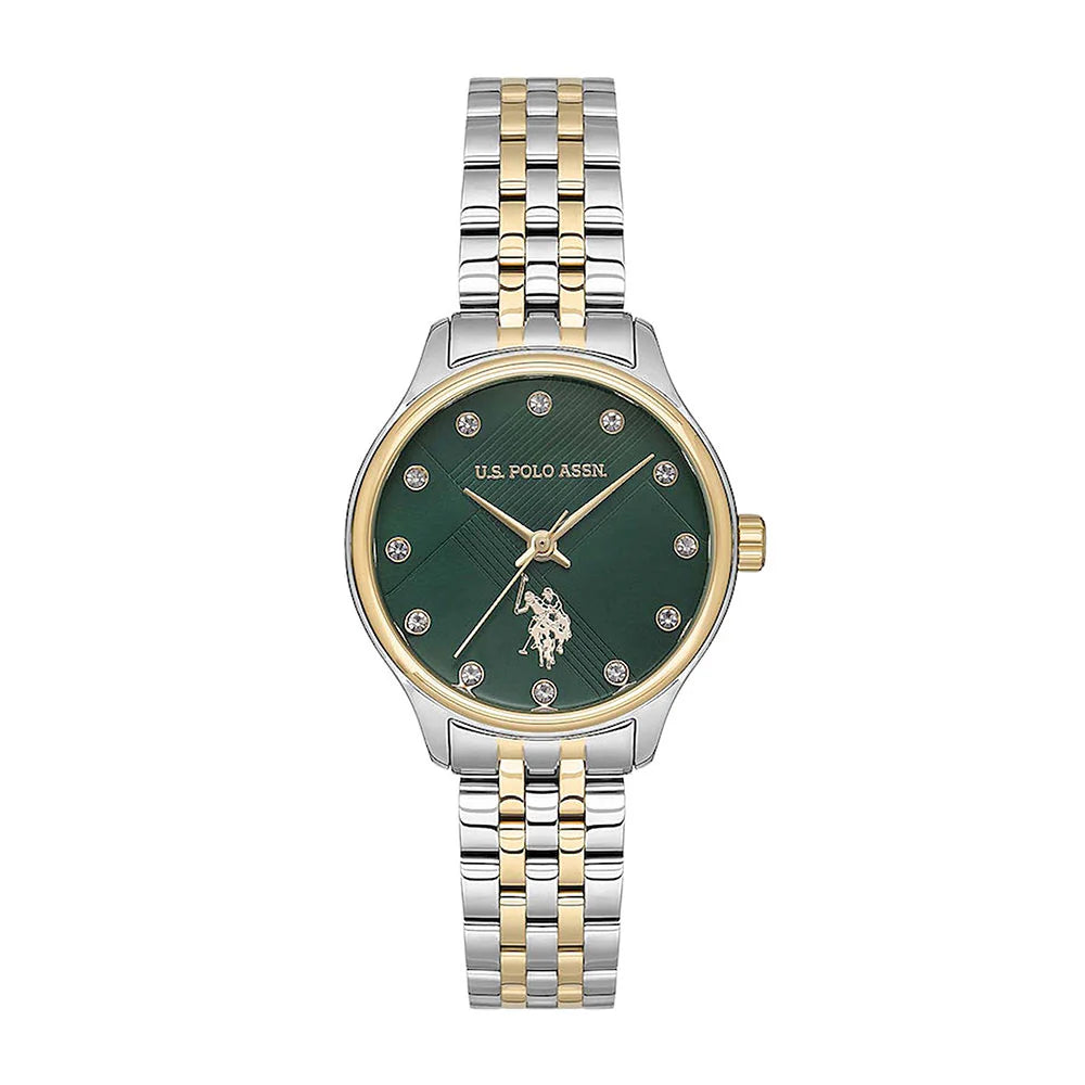 U.S. Polo Assn Women's Analog Watch – Green Dial with Crystal Markers & Two-Tone Stainless Steel Bracelet