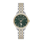U.S. Polo Assn Women's Analog Watch – Green Dial with Crystal Markers & Two-Tone Stainless Steel Bracelet