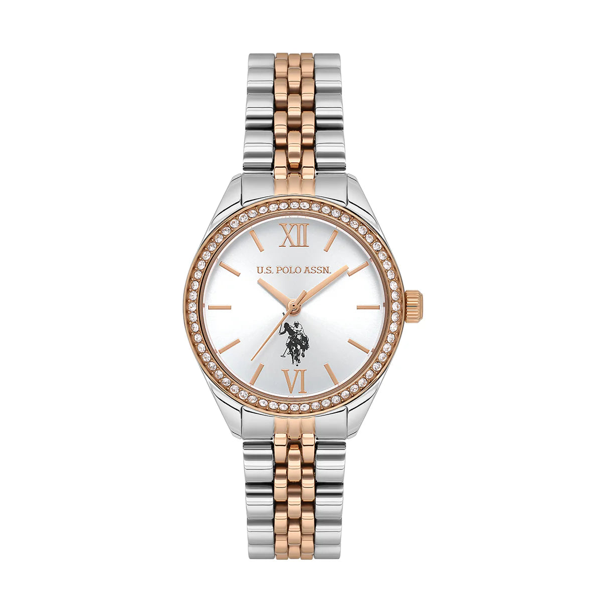 U.S. Polo Assn Women's Analog Watch – Silver Dial with Roman Numerals & Two-Tone Stainless Steel Bracelet