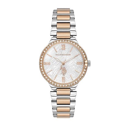 U.S. Polo Assn Women's Analog Watch – Silver Dial with Roman Numerals & Two-Tone Stainless Steel Bracelet