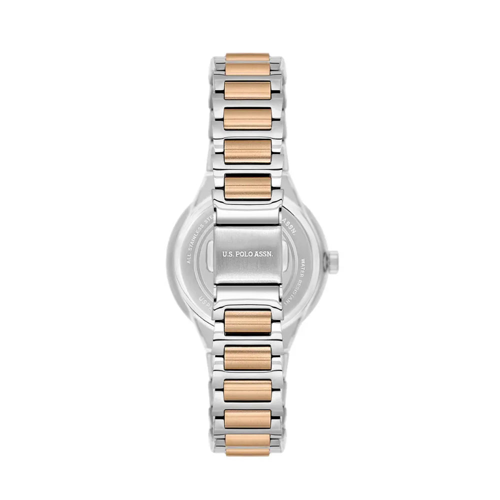 U.S. Polo Assn Women's Analog Watch – Silver Dial with Roman Numerals & Two-Tone Stainless Steel Bracelet