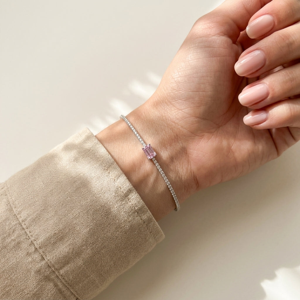 925 Silver Bracelet Studded with Zircon and a Rectangular Pink Center Stone