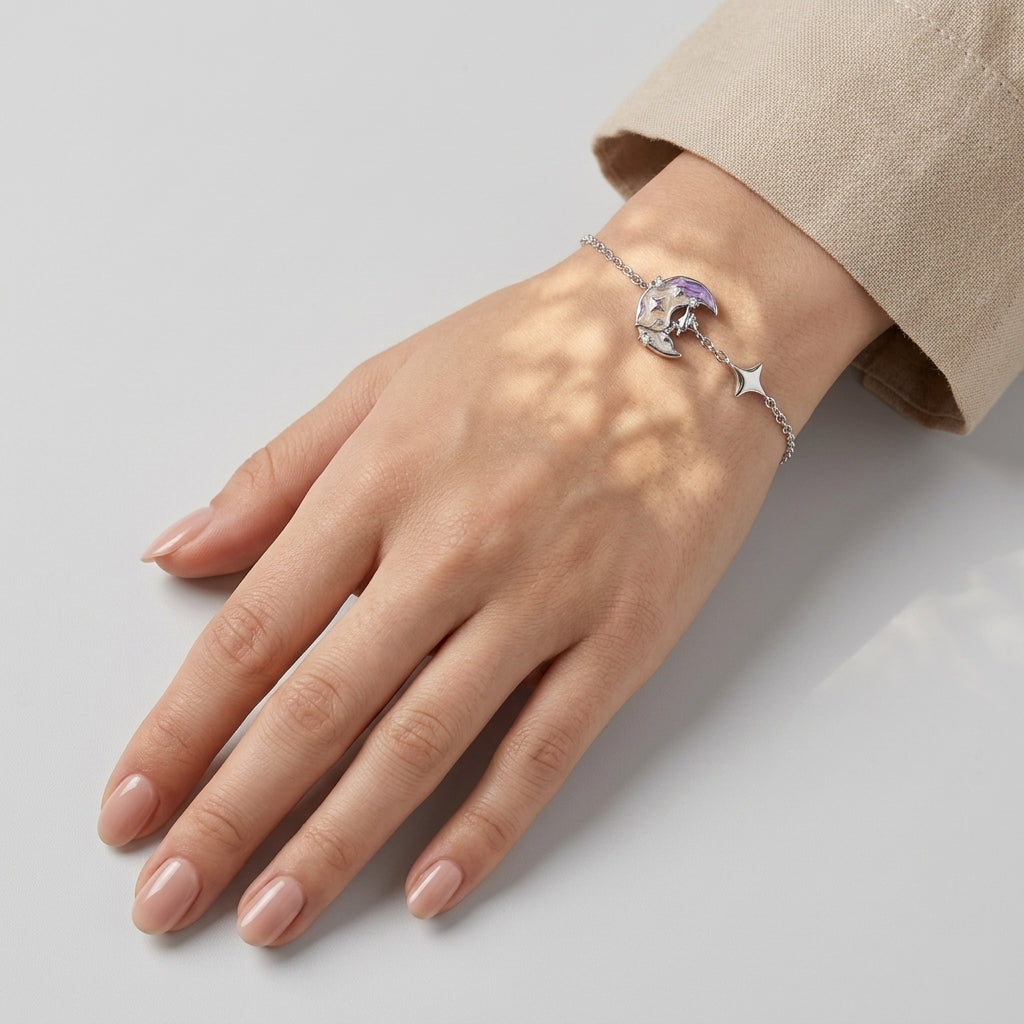 925 Silver Bracelet with a Crescent Moon and Flower Design
