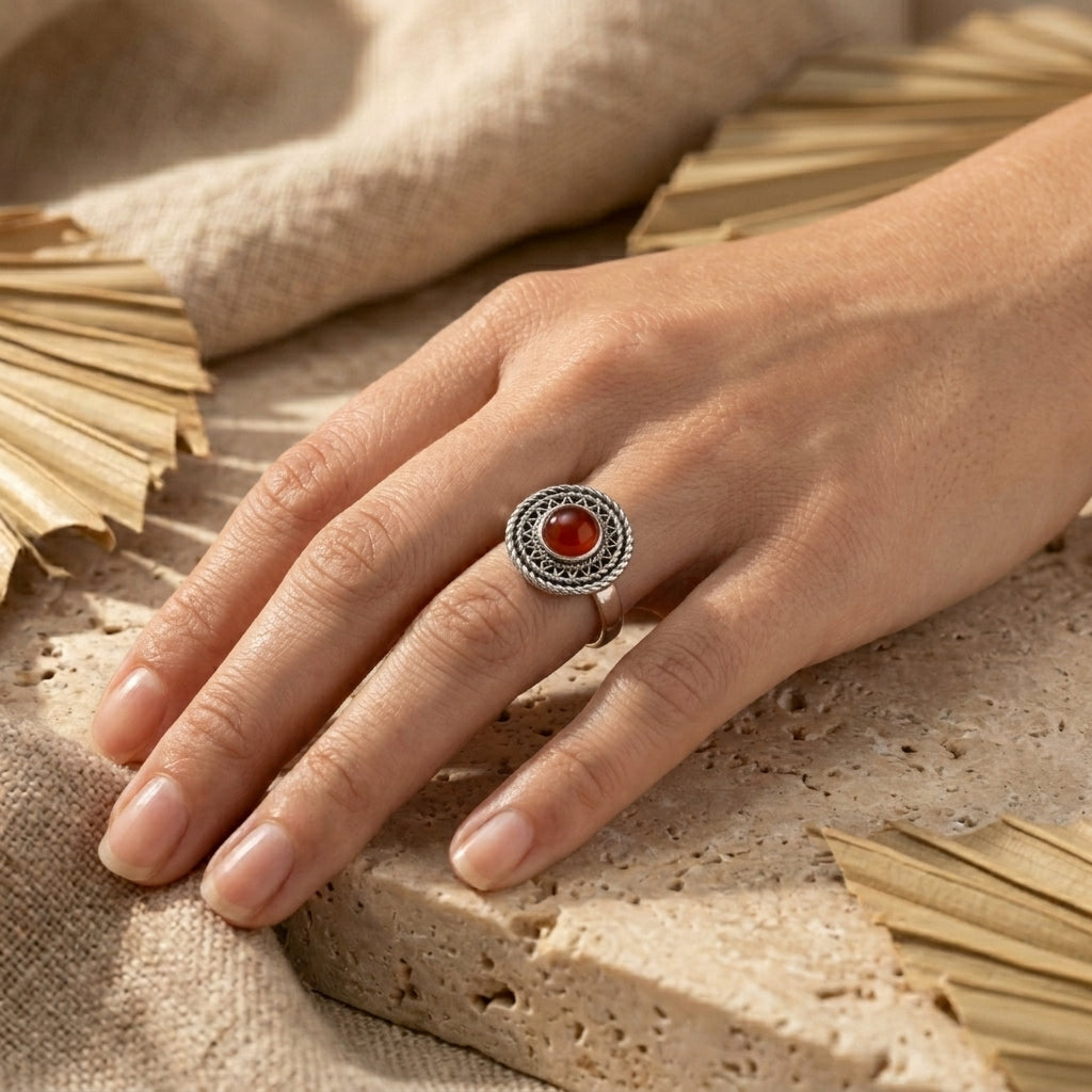 925 Silver Ring with a Round Red Agate Stone