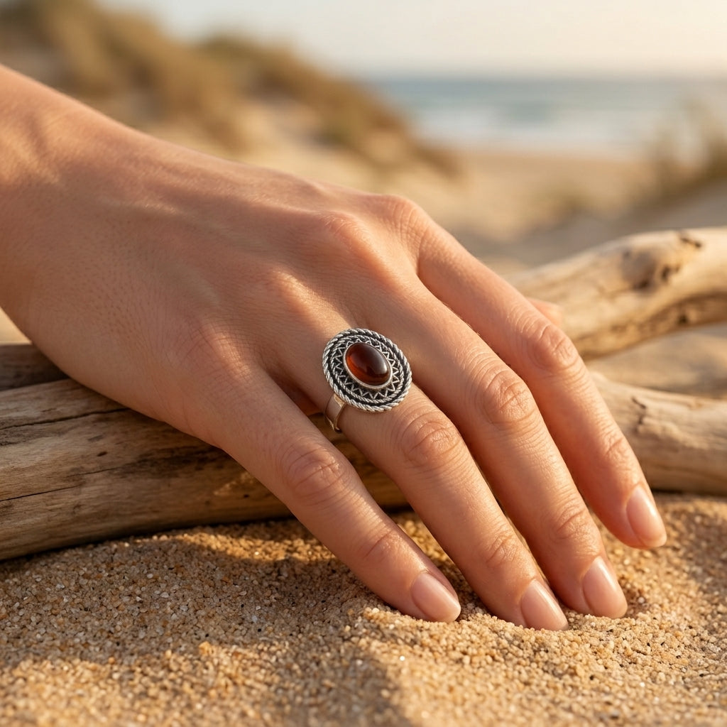 925 Silver Red Agate Ring with a Heritage Design